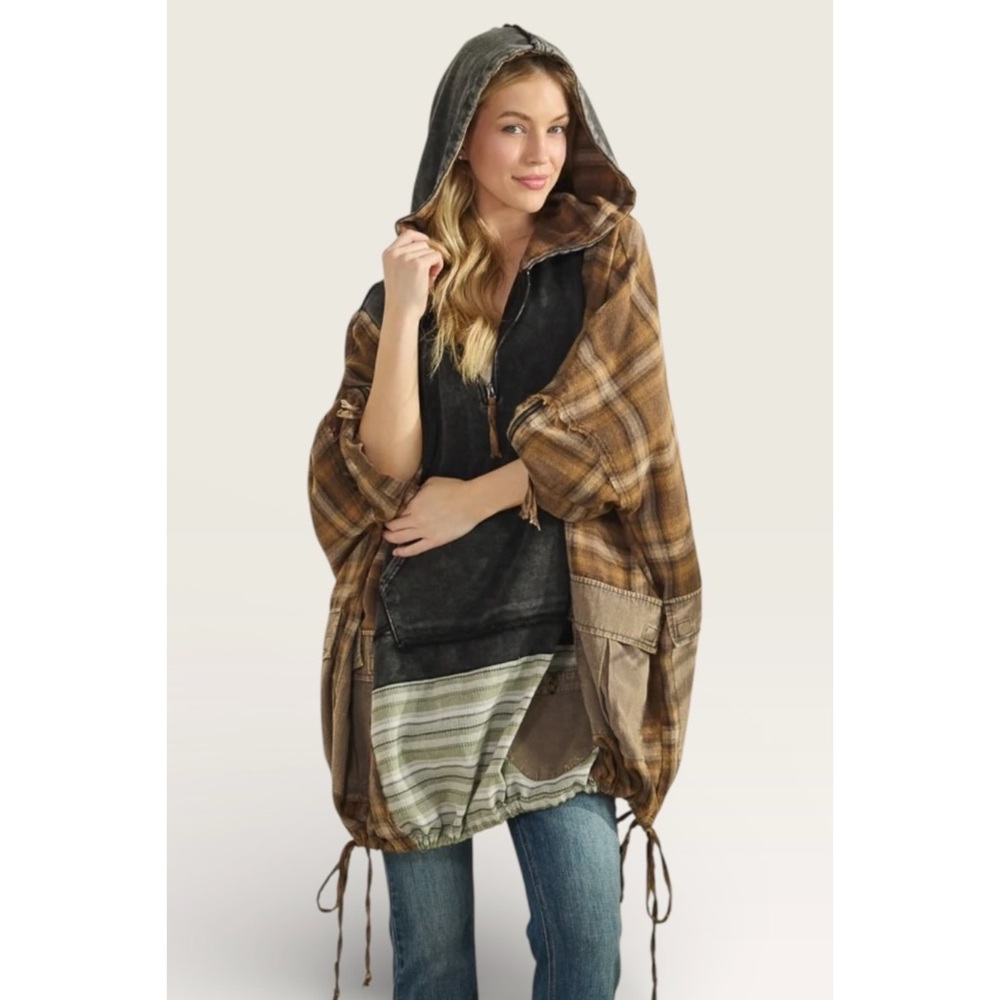 Oli & Hali Black Washed Plaid Half Zip Hoodie | Mixed Media Pullover - Picture 6 of 7